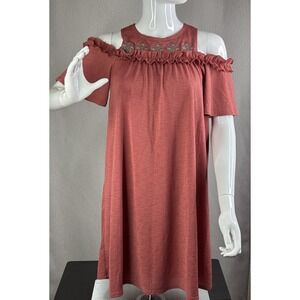 LAUREN CONRAD Dusty Rose Embroidered Ruffle Cold Shoulder Textured Dress SIZE XS